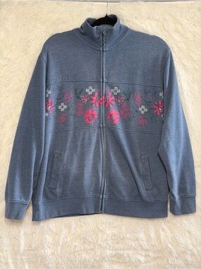 Vintage Amber Womens Grandmacore Full Zip-up Sweater Size 16/18 Blue Floral Y2K
